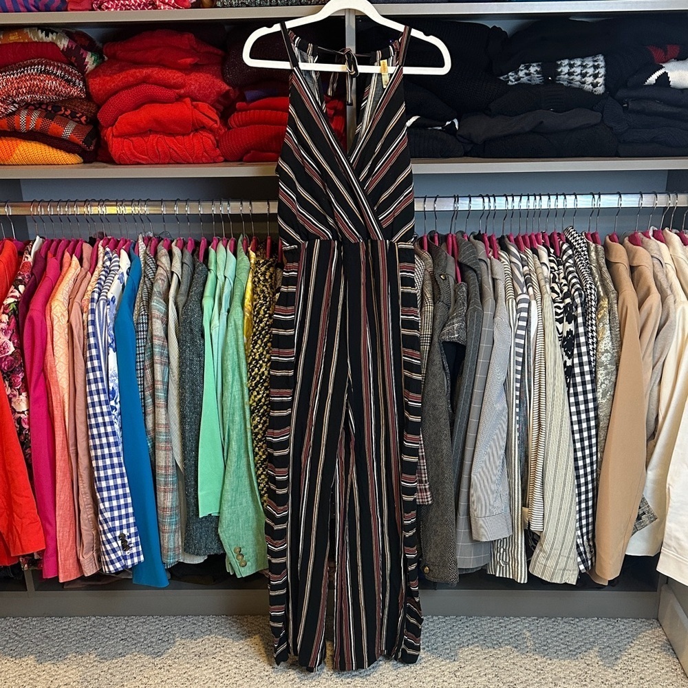 Xhilaration black/rust/yellow striped back tie v neck jumpsuit size XS